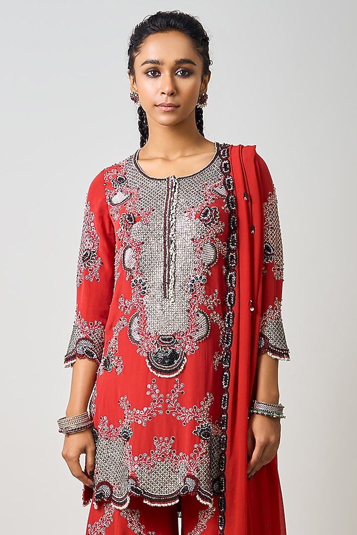Rust Orange Crepe Hand Embroidered Gharara Set by Nupur Kanoi at Pernia's Pop Up Shop