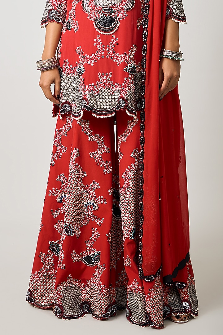 Rust Orange Crepe Hand Embroidered Gharara Set by Nupur Kanoi at Pernia's Pop Up Shop