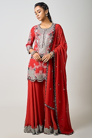 Rust Orange Crepe Hand Embroidered Gharara Set by Nupur Kanoi