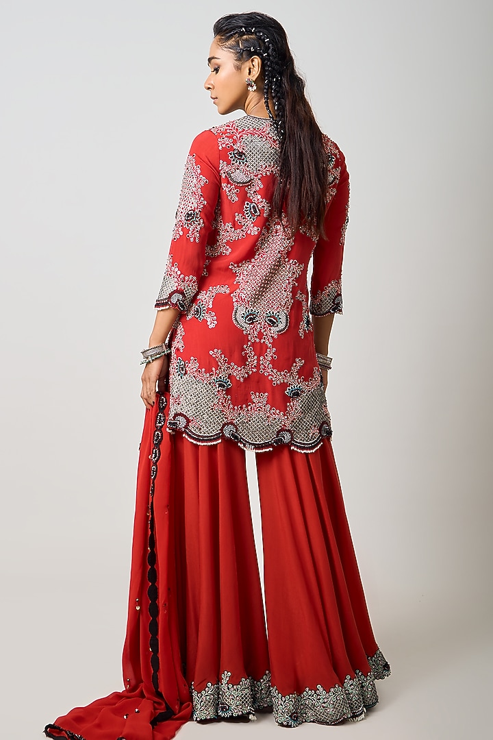 Rust Orange Crepe Hand Embroidered Gharara Set by Nupur Kanoi at Pernia's Pop Up Shop