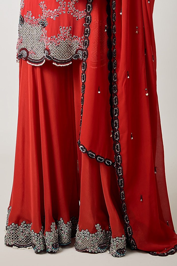 Rust Orange Crepe Hand Embroidered Gharara Set by Nupur Kanoi at Pernia's Pop Up Shop
