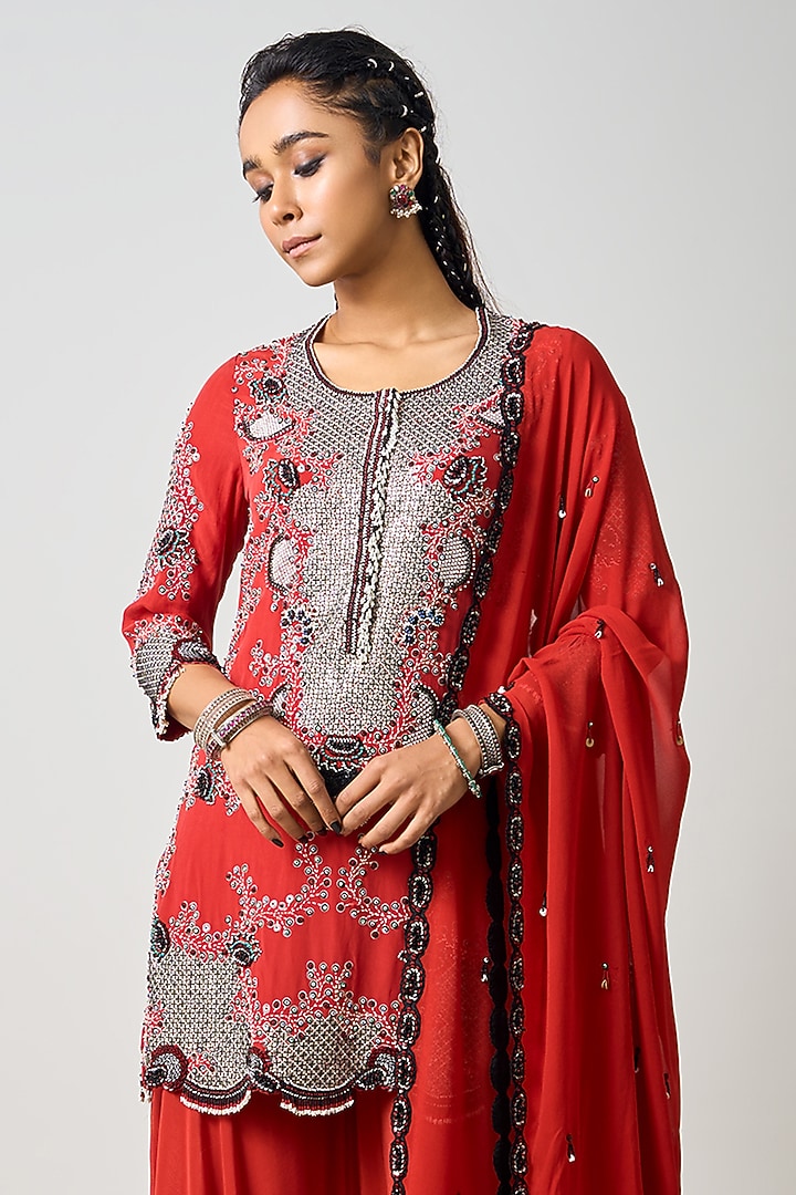 Rust Orange Crepe Hand Embroidered Gharara Set by Nupur Kanoi at Pernia's Pop Up Shop