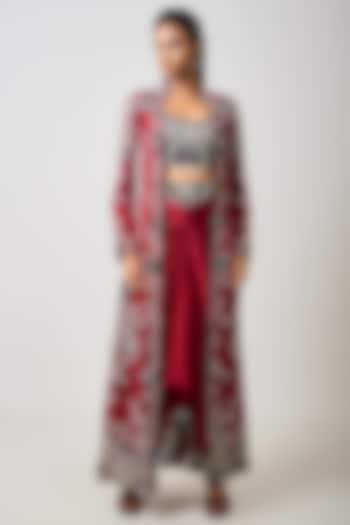 Burgundy Satin Hand Embroidered Jacket Set by Nupur Kanoi at Pernia's Pop Up Shop