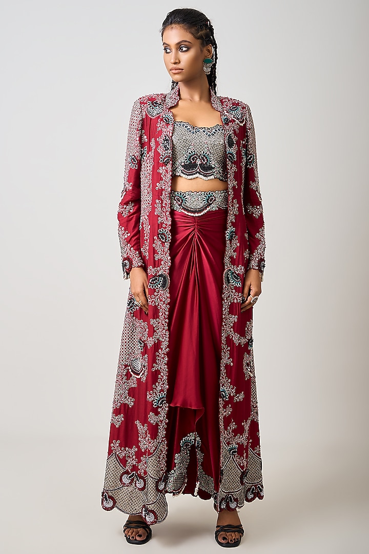 Burgundy Satin Hand Embroidered Jacket Set by Nupur Kanoi at Pernia's Pop Up Shop