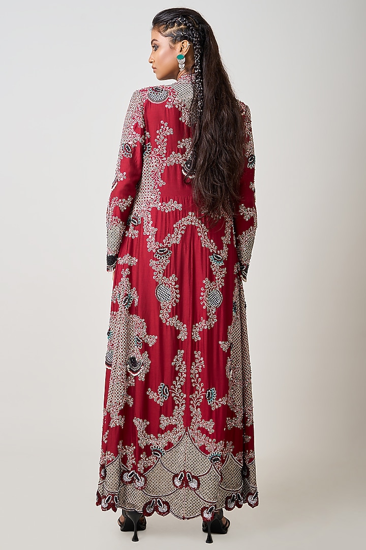 Burgundy Satin Hand Embroidered Jacket Set by Nupur Kanoi at Pernia's Pop Up Shop