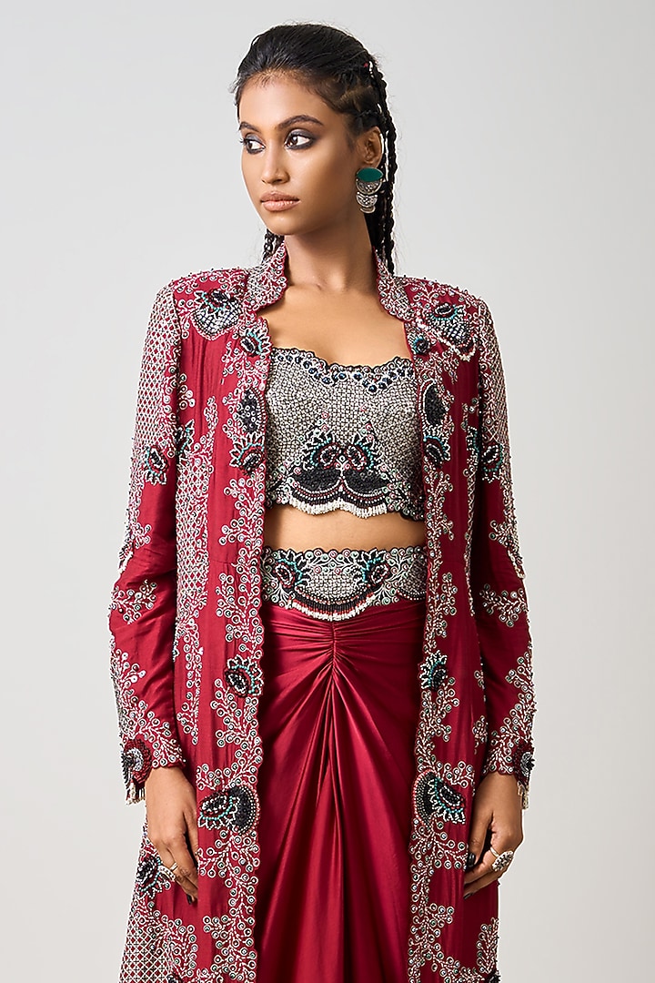 Burgundy Satin Hand Embroidered Jacket Set by Nupur Kanoi at Pernia's Pop Up Shop