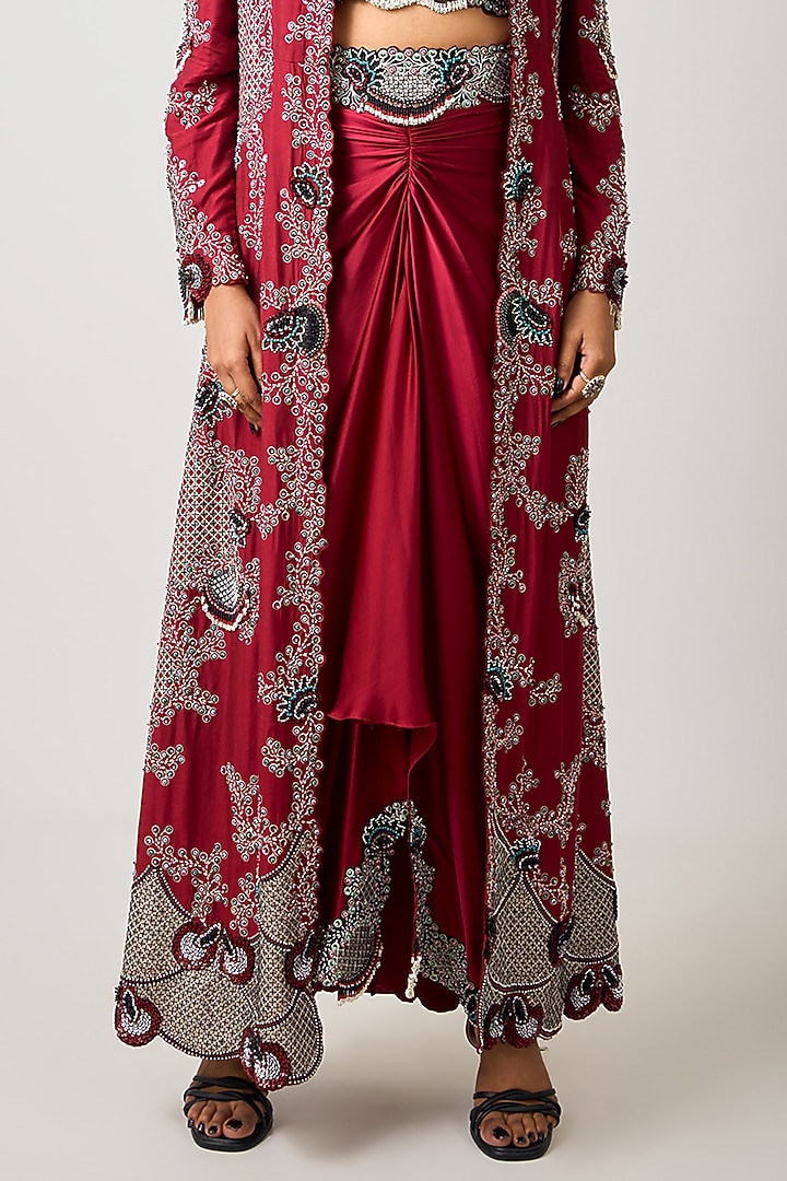Burgundy Satin Hand Embroidered Jacket Set by Nupur Kanoi at Pernia's Pop Up Shop