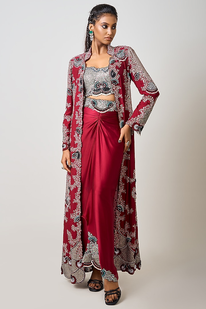Burgundy Satin Hand Embroidered Jacket Set by Nupur Kanoi at Pernia's Pop Up Shop