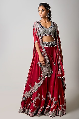 Burgundy Satin Hand Embroidered Jacket Lehenga Set by Nupur Kanoi