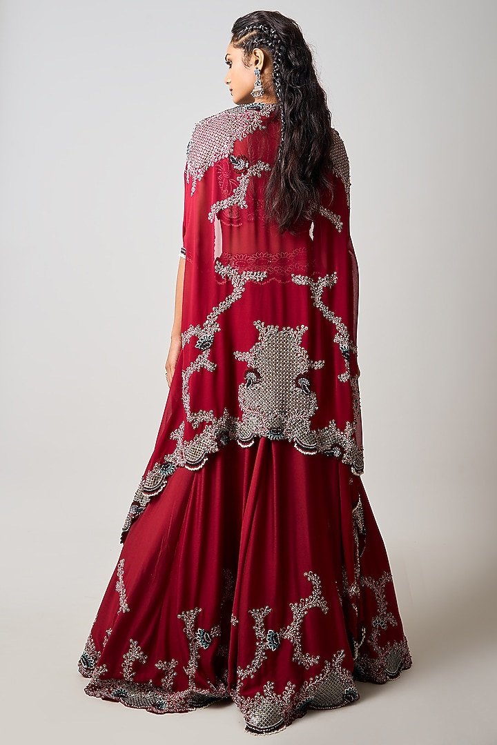 Burgundy Satin Hand Embroidered Jacket Bridal Lehenga Set by Nupur Kanoi at Pernia's Pop Up Shop