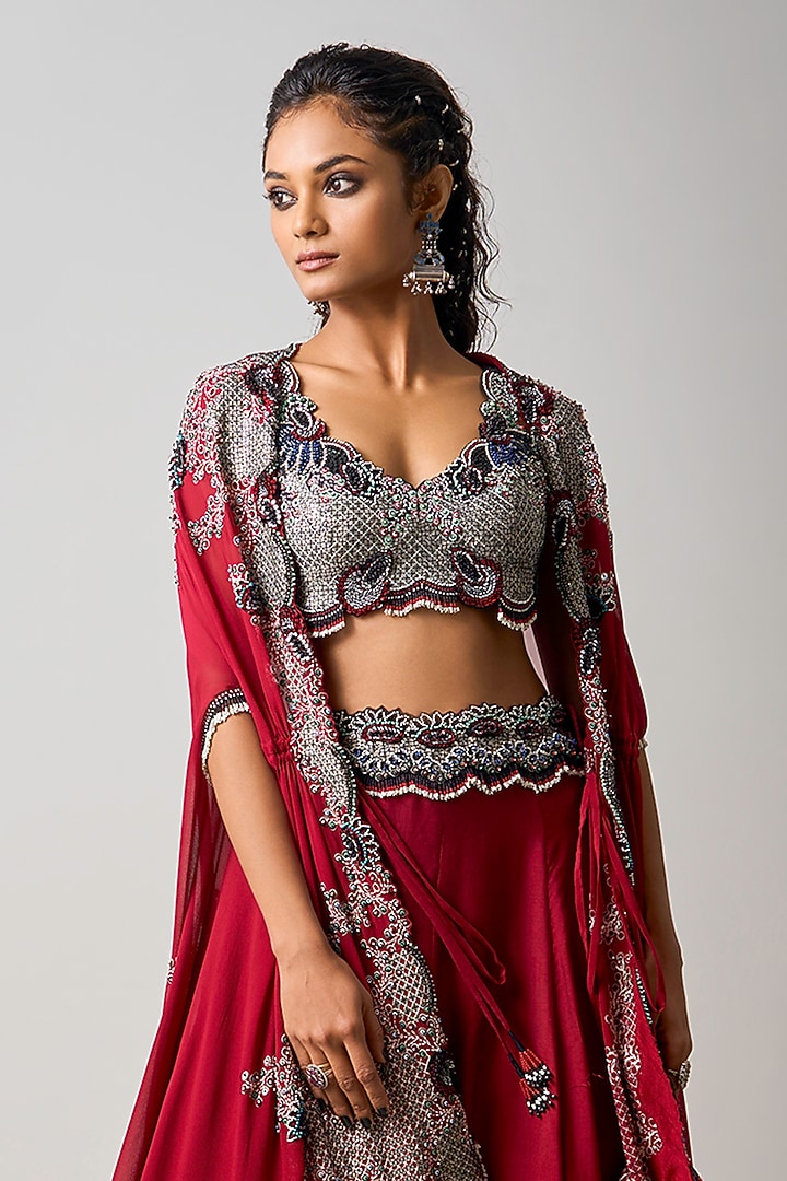 Burgundy Satin Hand Embroidered Jacket Bridal Lehenga Set by Nupur Kanoi at Pernia's Pop Up Shop