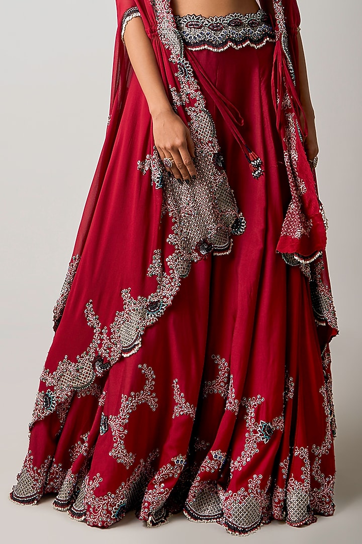 Burgundy Satin Hand Embroidered Jacket Bridal Lehenga Set by Nupur Kanoi at Pernia's Pop Up Shop