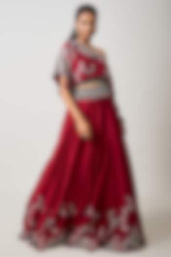 Burgundy Silk Hand Embroidered Bridal Lehenga Set by Nupur Kanoi at Pernia's Pop Up Shop