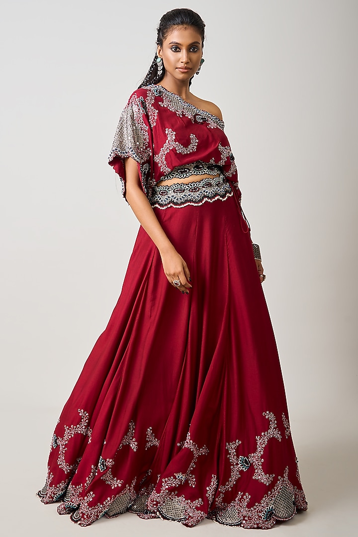 Burgundy Silk Hand Embroidered Bridal Lehenga Set by Nupur Kanoi at Pernia's Pop Up Shop