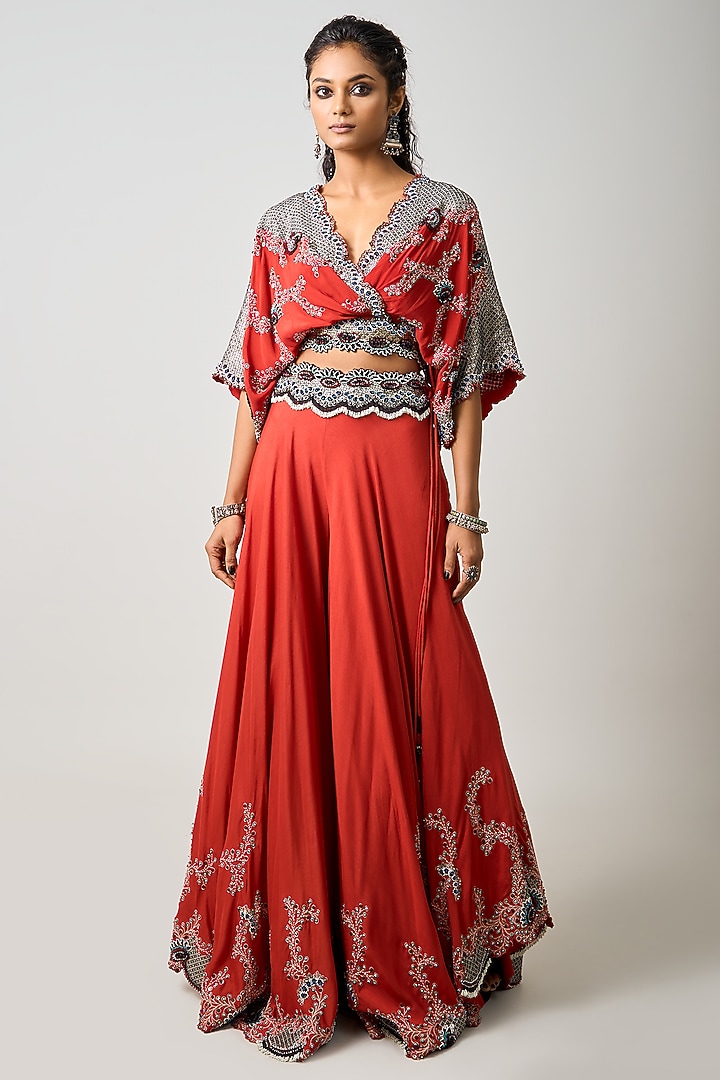 Rust Orange Silk Hand Embroidered Co-Ord Set by Nupur Kanoi at Pernia's Pop Up Shop