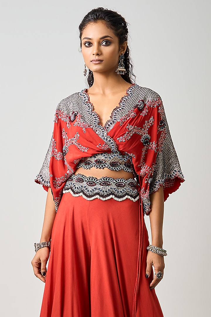 Rust Orange Silk Hand Embroidered Co-Ord Set by Nupur Kanoi at Pernia's Pop Up Shop