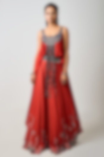 Rust Orange Silk Hand Embroidered Co-Ord Set by Nupur Kanoi at Pernia's Pop Up Shop