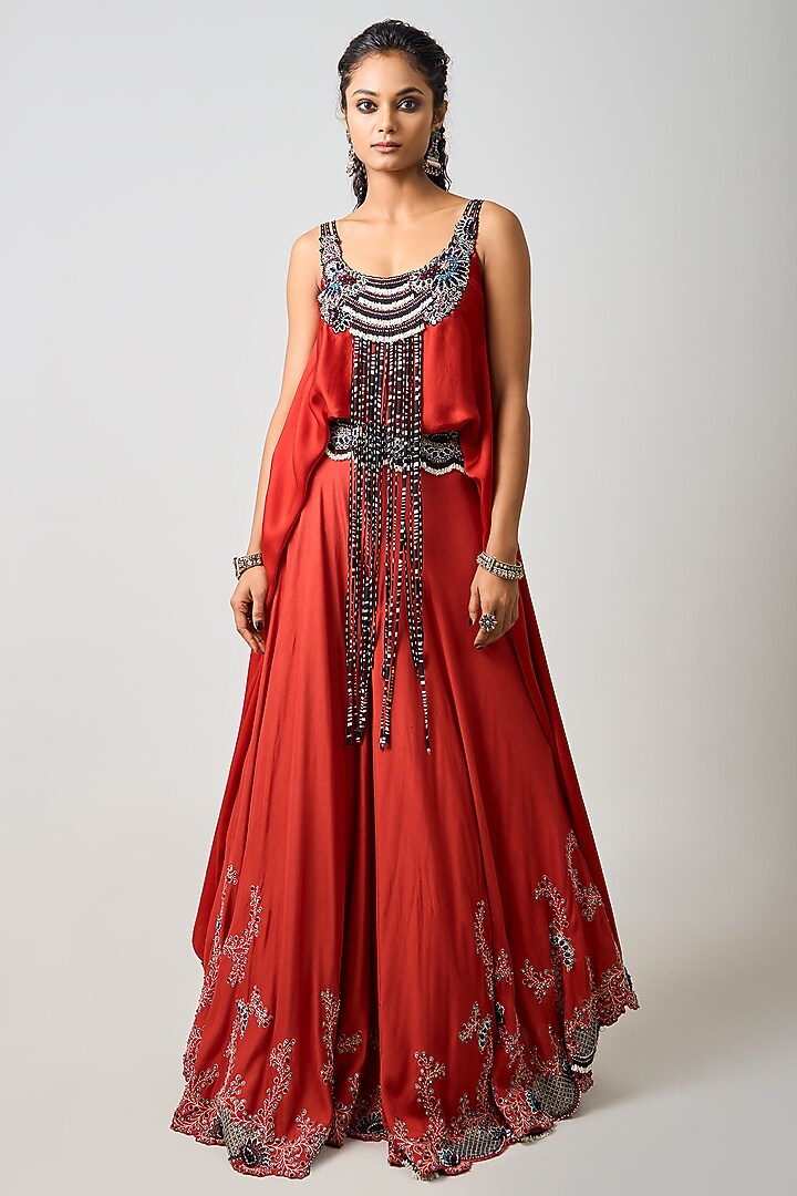 Rust Orange Silk Hand Embroidered Co-Ord Set by Nupur Kanoi at Pernia's Pop Up Shop