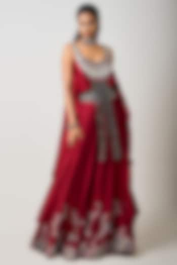 Burgundy Satin & Silk Wedding Lehenga Set by Nupur Kanoi at Pernia's Pop Up Shop