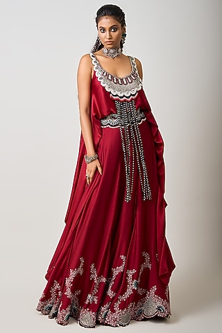 Burgundy Satin & Silk Lehenga Set by Nupur Kanoi