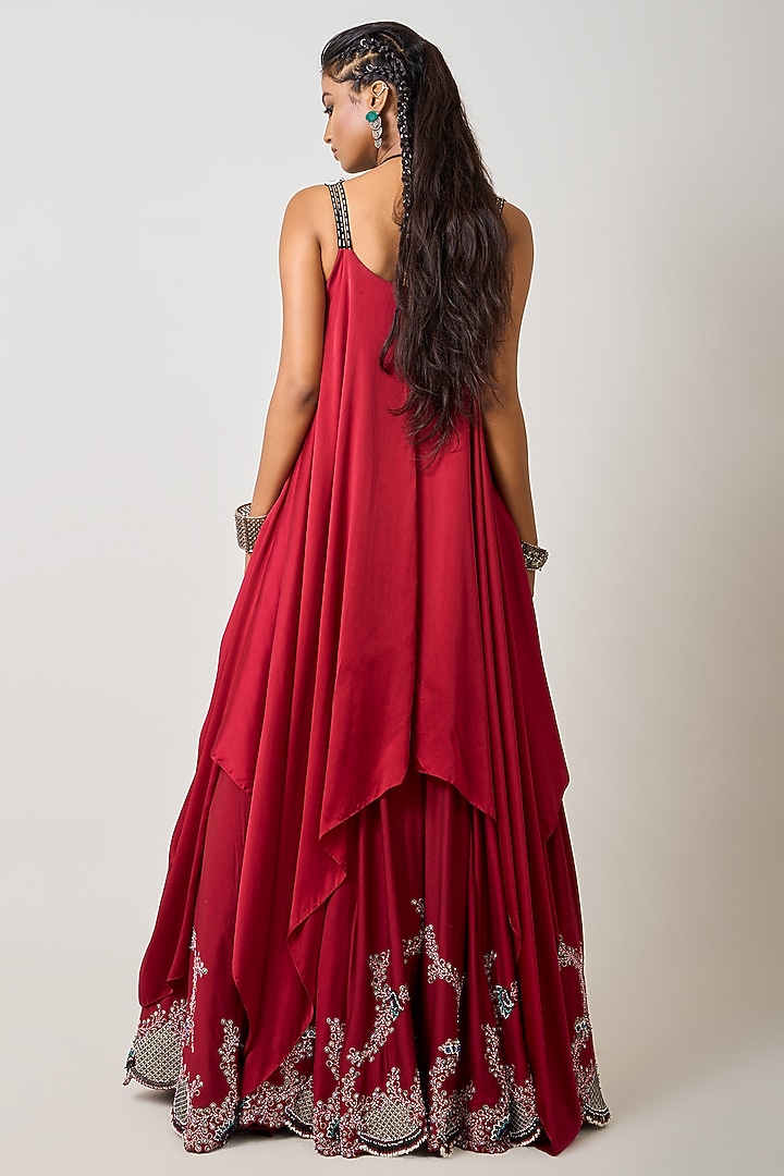 Burgundy Satin & Silk Wedding Lehenga Set by Nupur Kanoi at Pernia's Pop Up Shop