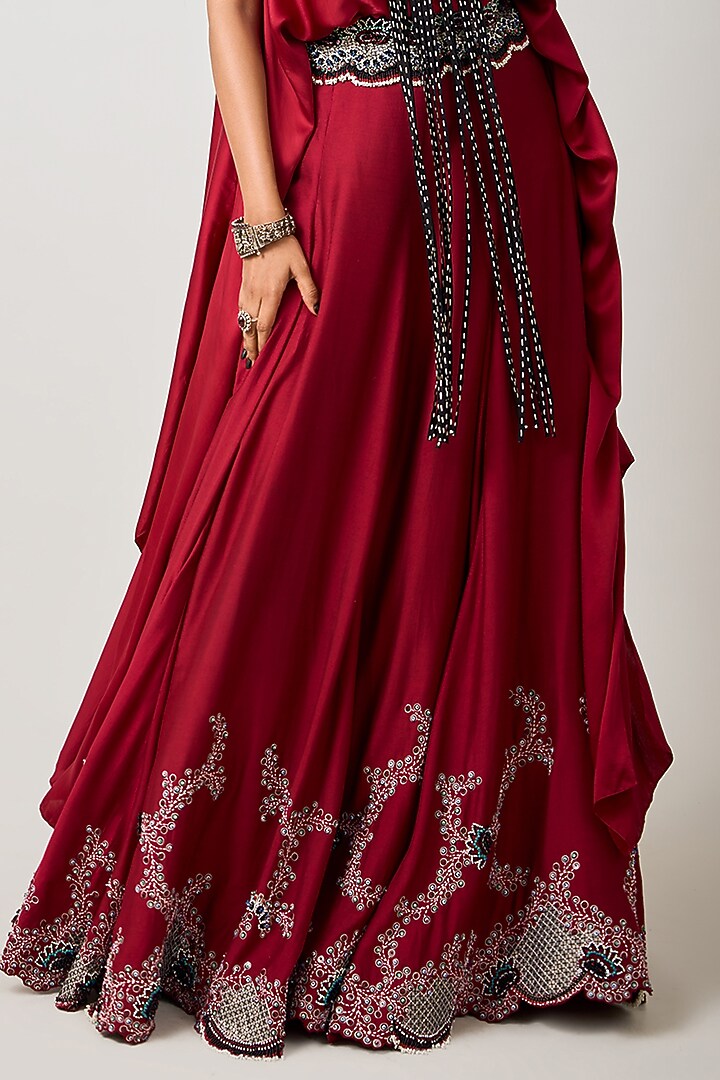 Burgundy Satin & Silk Wedding Lehenga Set by Nupur Kanoi at Pernia's Pop Up Shop