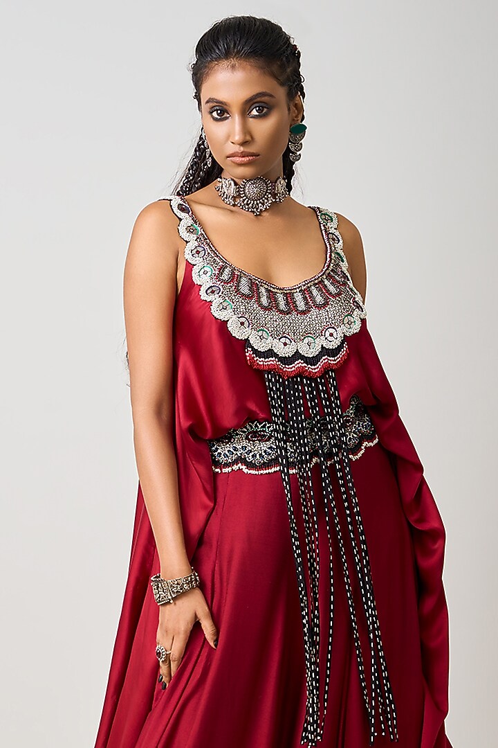 Burgundy Satin & Silk Wedding Lehenga Set by Nupur Kanoi at Pernia's Pop Up Shop