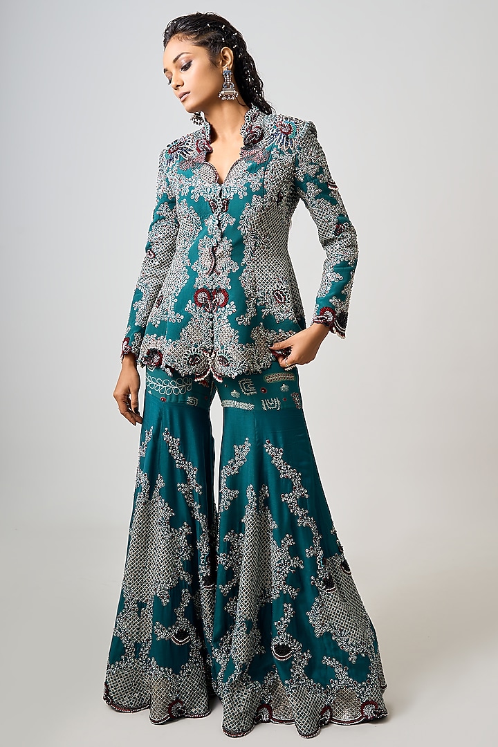 Teal Silk Hand Embroidered Gharara Set by Nupur Kanoi at Pernia's Pop Up Shop