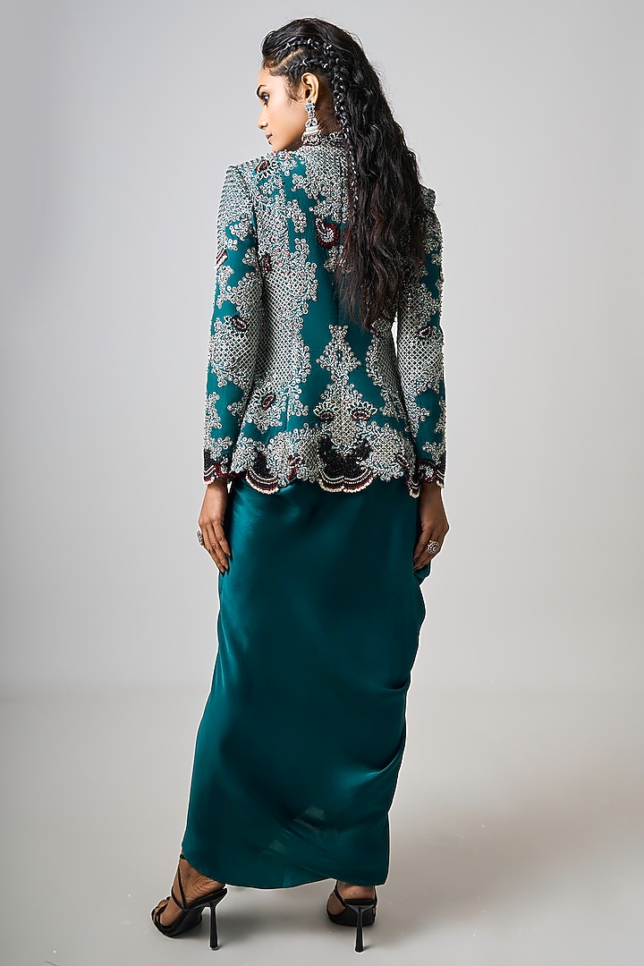 Teal Satin & Silk Cowl Skirt Set by Nupur Kanoi at Pernia's Pop Up Shop