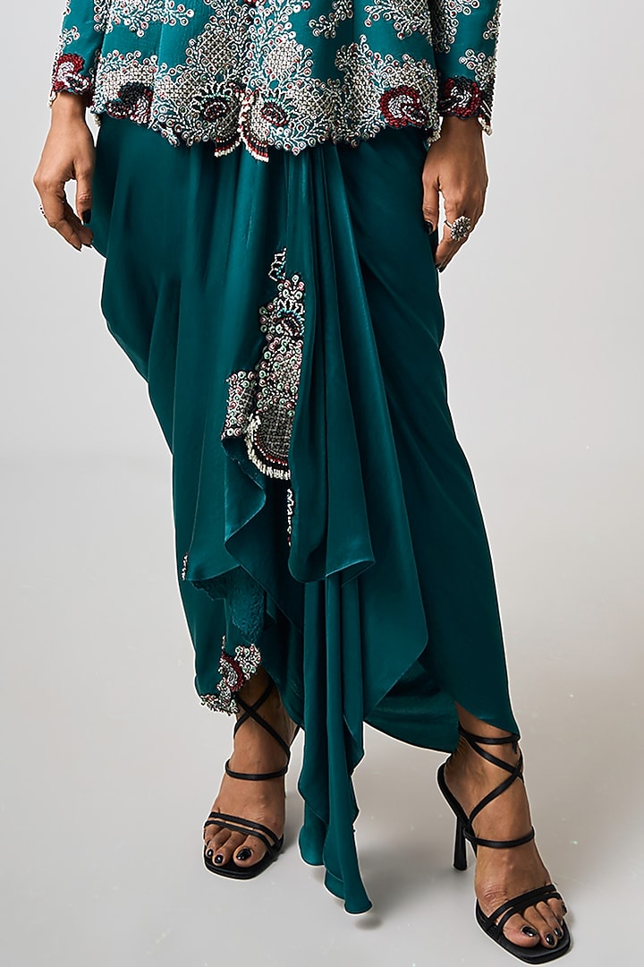 Teal Satin & Silk Cowl Skirt Set by Nupur Kanoi at Pernia's Pop Up Shop