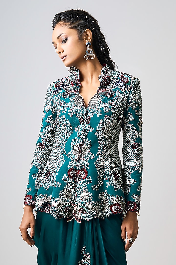Teal Satin & Silk Cowl Skirt Set by Nupur Kanoi at Pernia's Pop Up Shop