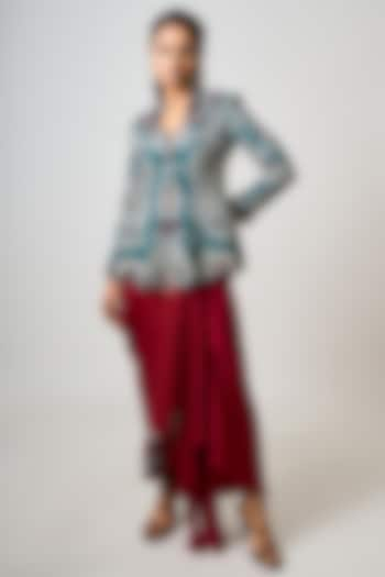 Burgundy Satin & Silk Cowl Skirt Set by Nupur Kanoi at Pernia's Pop Up Shop