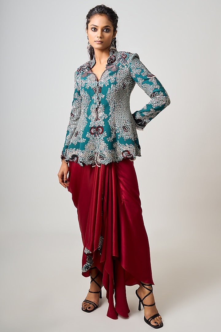 Burgundy Satin & Silk Cowl Skirt Set by Nupur Kanoi at Pernia's Pop Up Shop