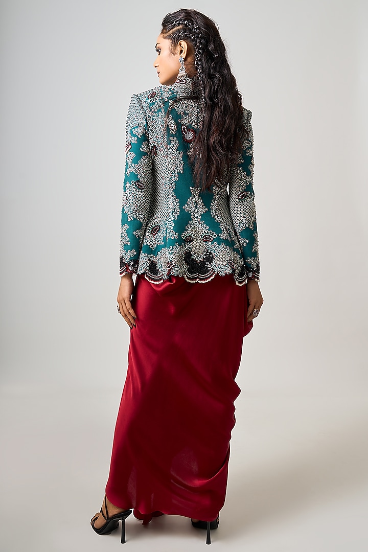 Burgundy Satin & Silk Cowl Skirt Set by Nupur Kanoi at Pernia's Pop Up Shop
