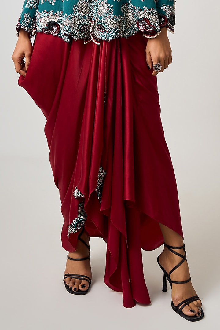 Burgundy Satin & Silk Cowl Skirt Set by Nupur Kanoi at Pernia's Pop Up Shop