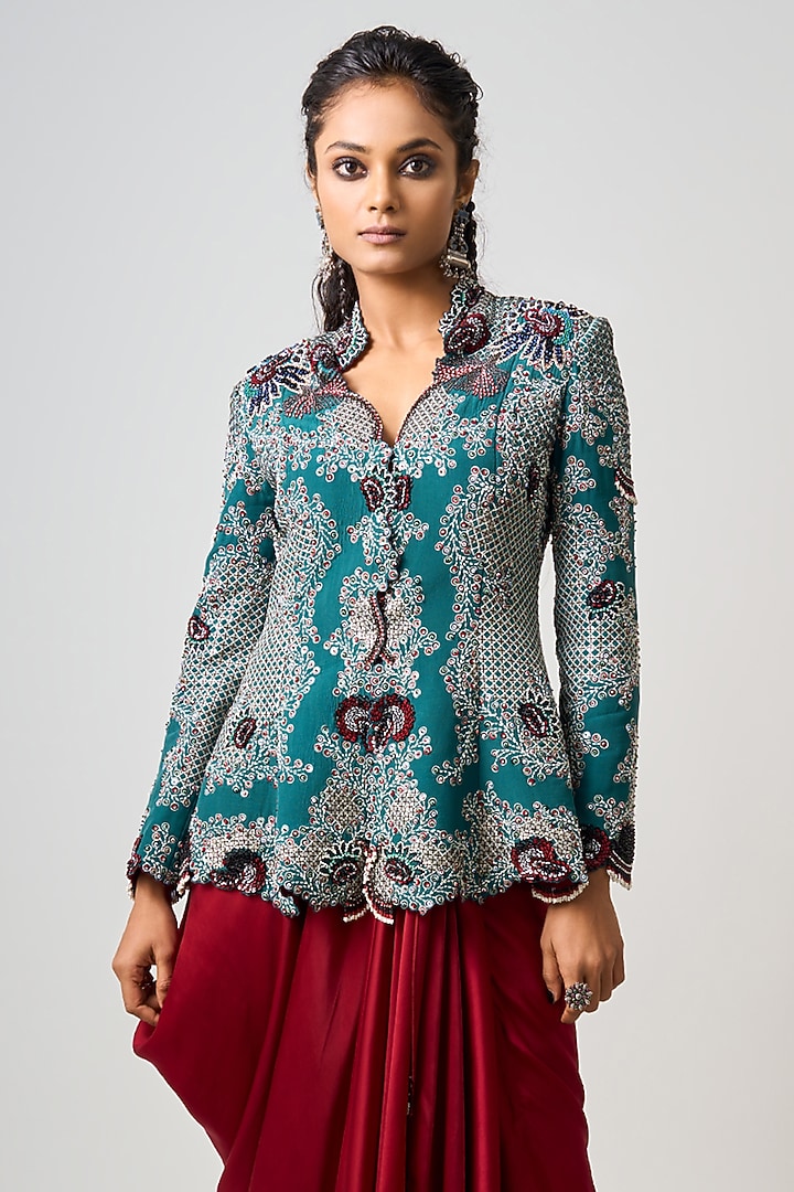 Burgundy Satin & Silk Cowl Skirt Set by Nupur Kanoi at Pernia's Pop Up Shop
