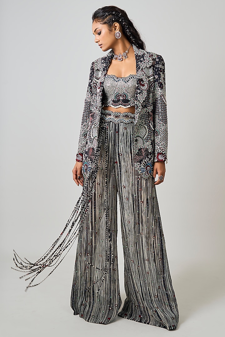 Black Crepe Hand Embroidered Blazer Set by Nupur Kanoi at Pernia's Pop Up Shop