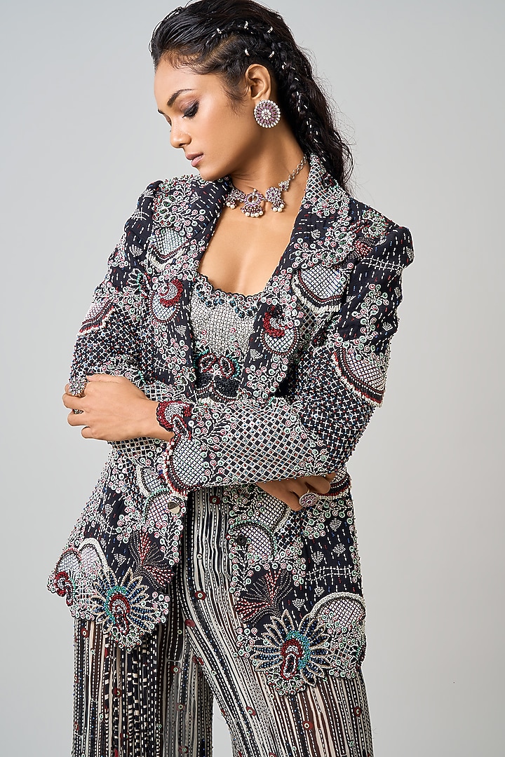 Black Crepe Hand Embroidered Blazer Set by Nupur Kanoi at Pernia's Pop Up Shop