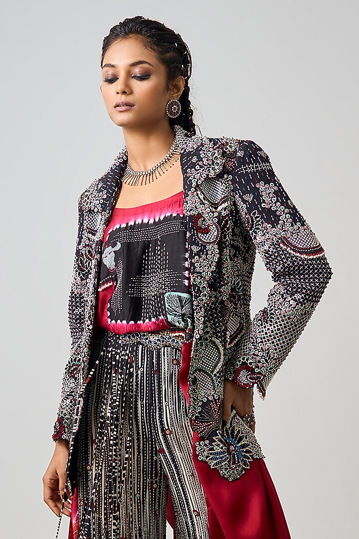 Black Crepe Hand Embroidered Blazer Set by Nupur Kanoi at Pernia's Pop Up Shop