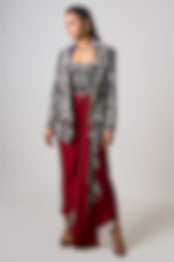 Burgundy Satin Hand Embroidered Blazer Dress by Nupur Kanoi at Pernia's Pop Up Shop