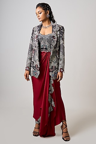 Burgundy Satin Hand Embroidered Blazer Dress by Nupur Kanoi
