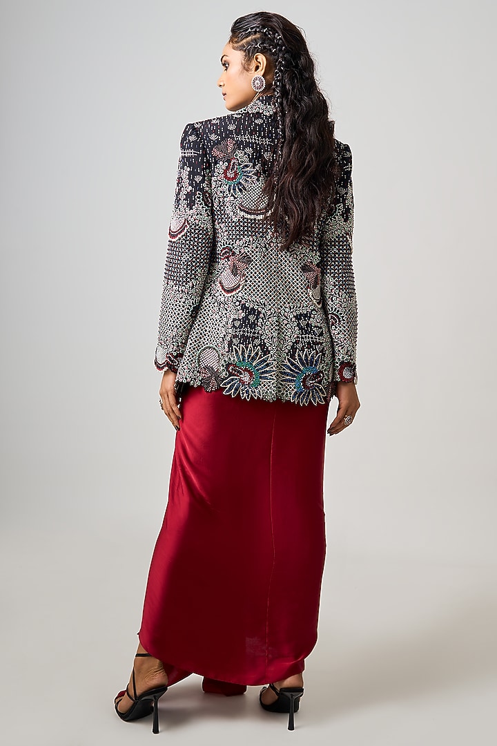 Burgundy Satin Hand Embroidered Blazer Party Wear Dress by Nupur Kanoi at Pernia's Pop Up Shop