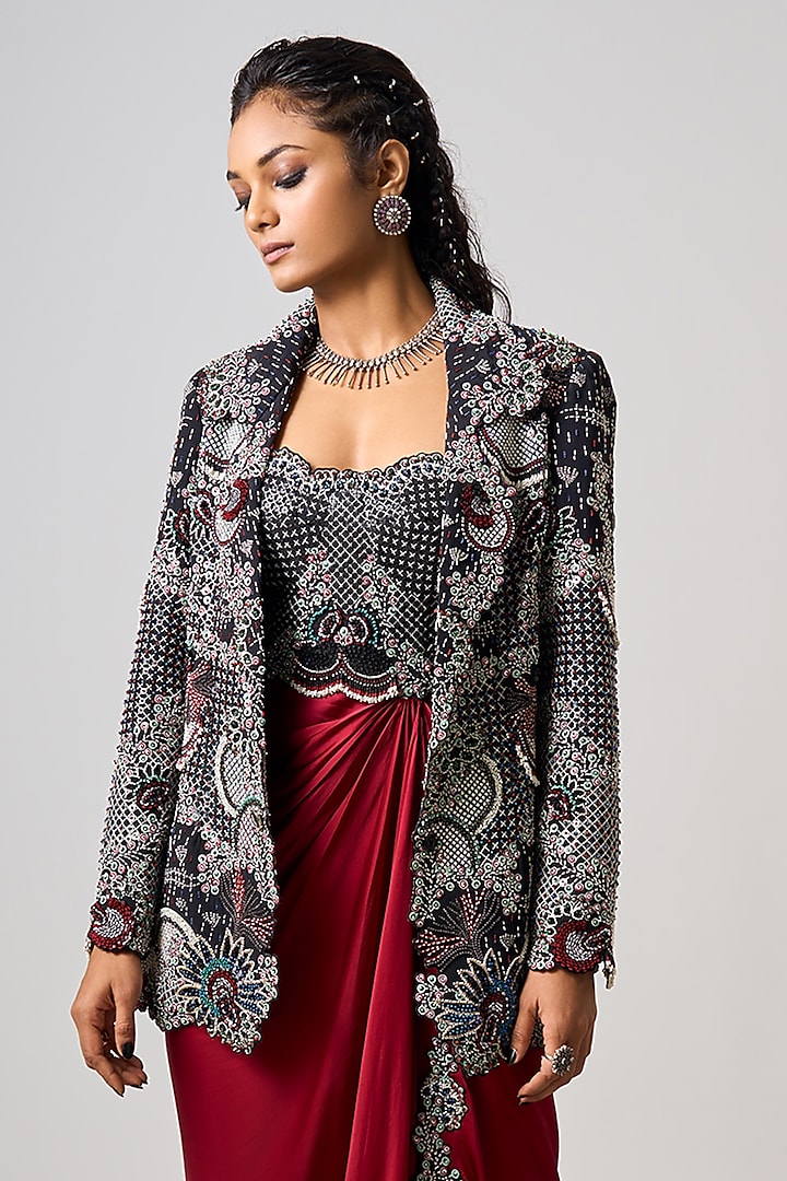 Burgundy Satin Hand Embroidered Blazer Party Wear Dress by Nupur Kanoi at Pernia's Pop Up Shop