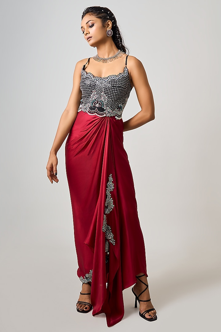 Burgundy Satin Hand Embroidered Blazer Party Wear Dress by Nupur Kanoi at Pernia's Pop Up Shop