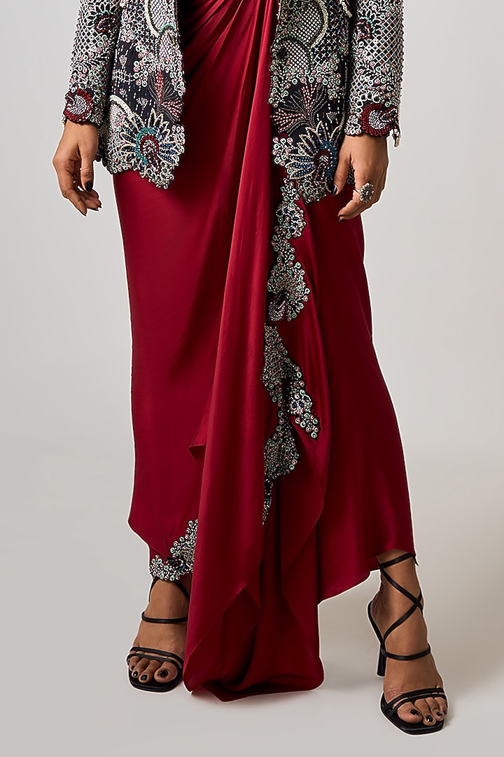 Burgundy Satin Hand Embroidered Blazer Party Wear Dress by Nupur Kanoi at Pernia's Pop Up Shop