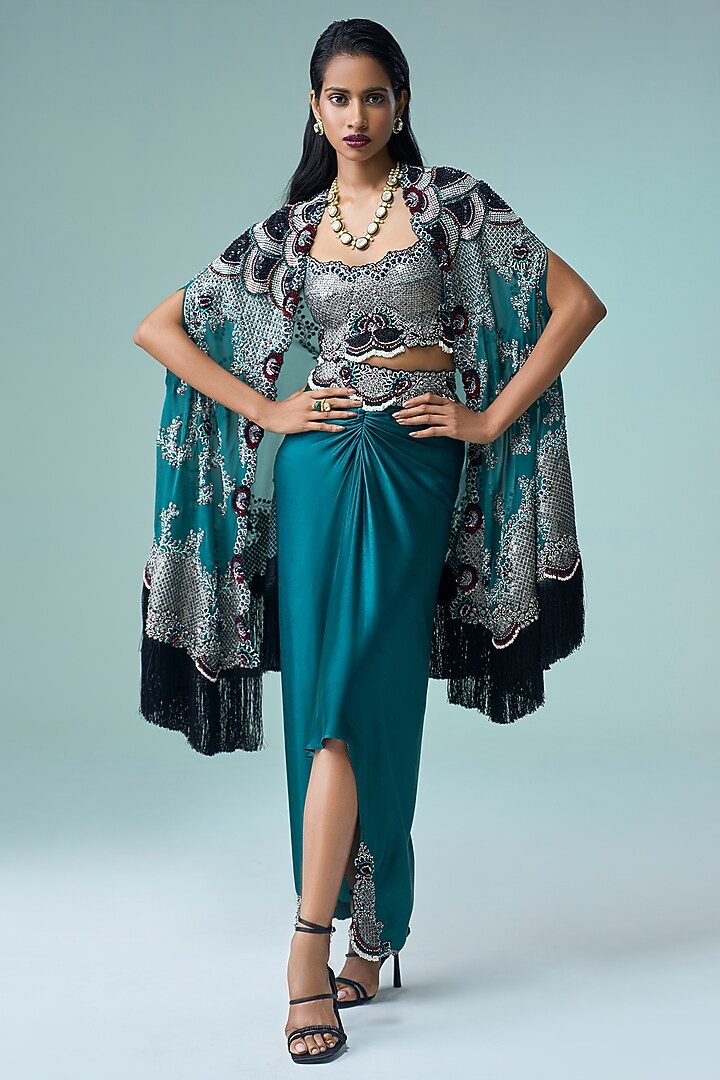 Teal Crepe Hand Embroidered Cape Set by Nupur Kanoi at Pernia's Pop Up Shop