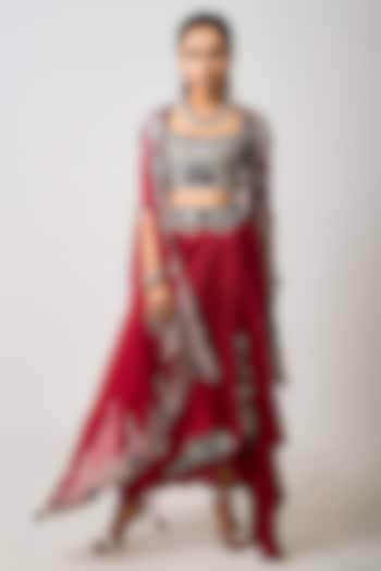 Burgundy Crepe Hand Embroidered Cape Set by Nupur Kanoi at Pernia's Pop Up Shop