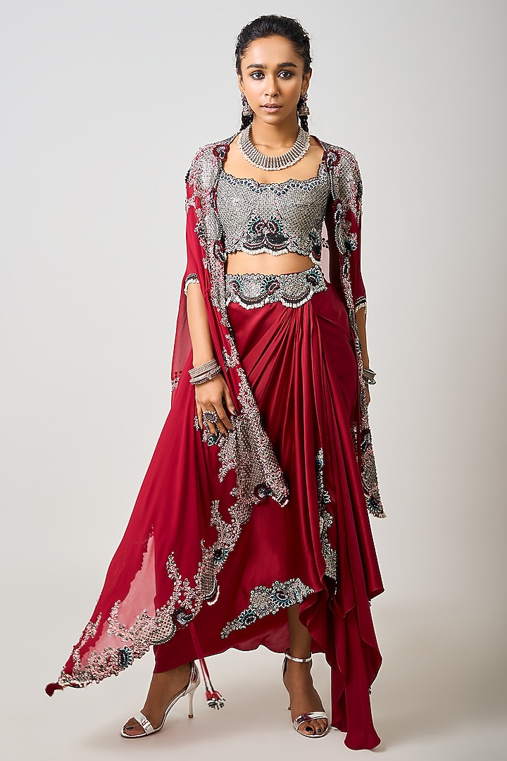 Burgundy Crepe Hand Embroidered Cape Set by Nupur Kanoi at Pernia's Pop Up Shop