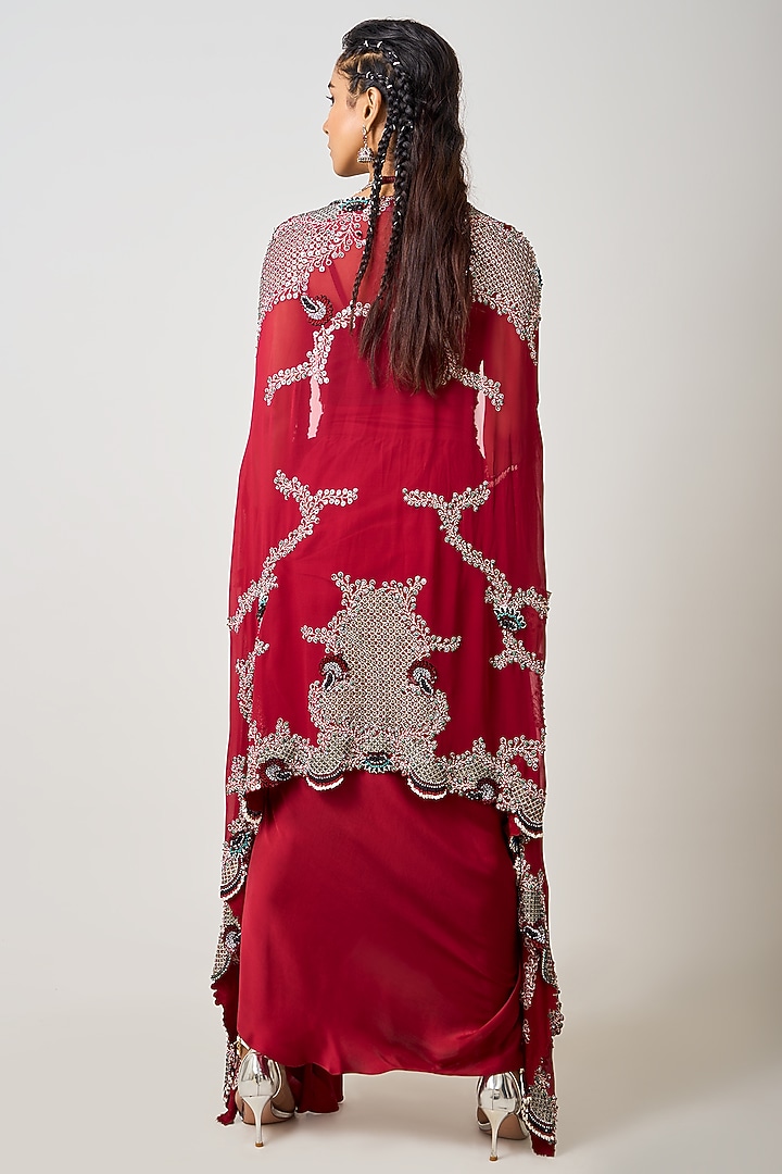 Burgundy Crepe Hand Embroidered Cape Set by Nupur Kanoi at Pernia's Pop Up Shop