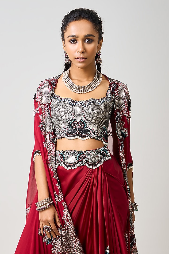 Burgundy Crepe Hand Embroidered Cape Set by Nupur Kanoi at Pernia's Pop Up Shop
